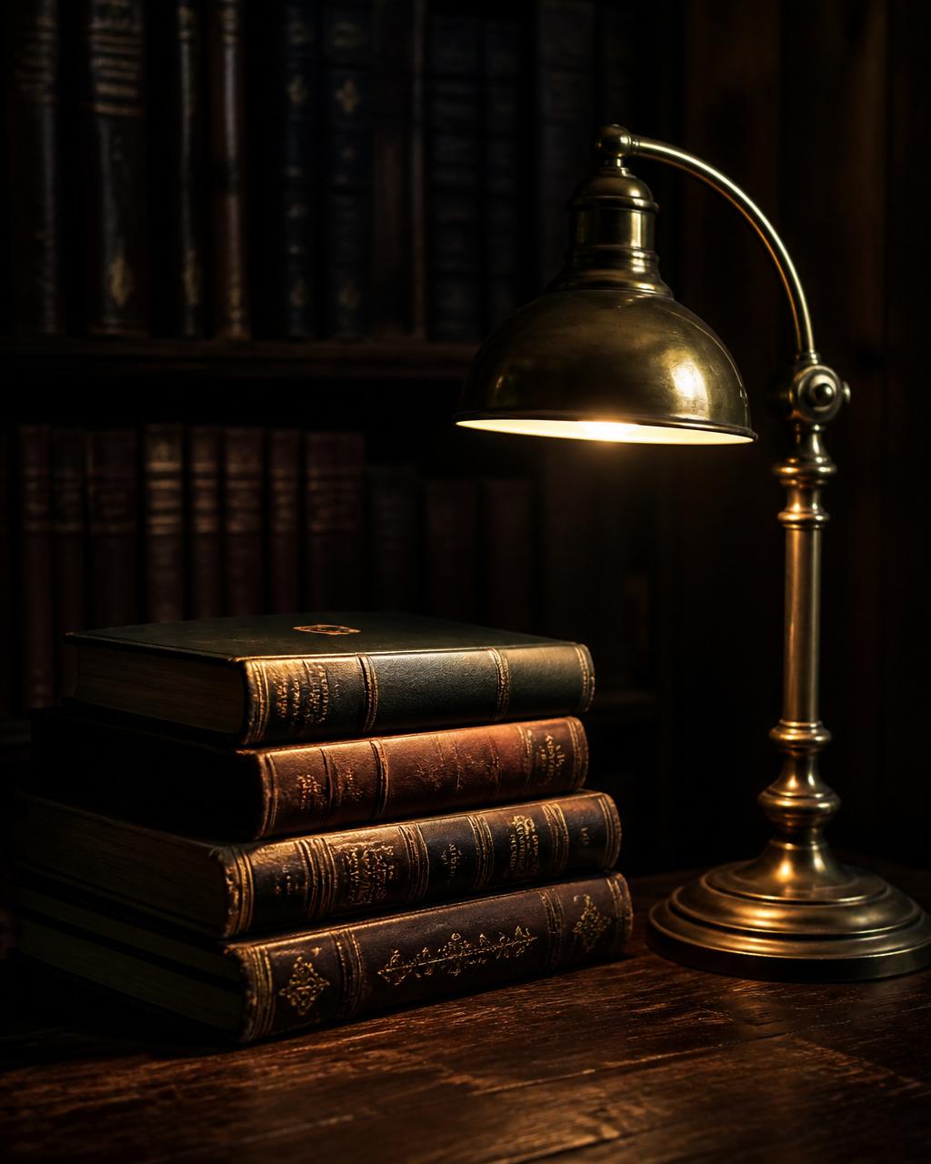 Stacked books beside a brass reading lamp