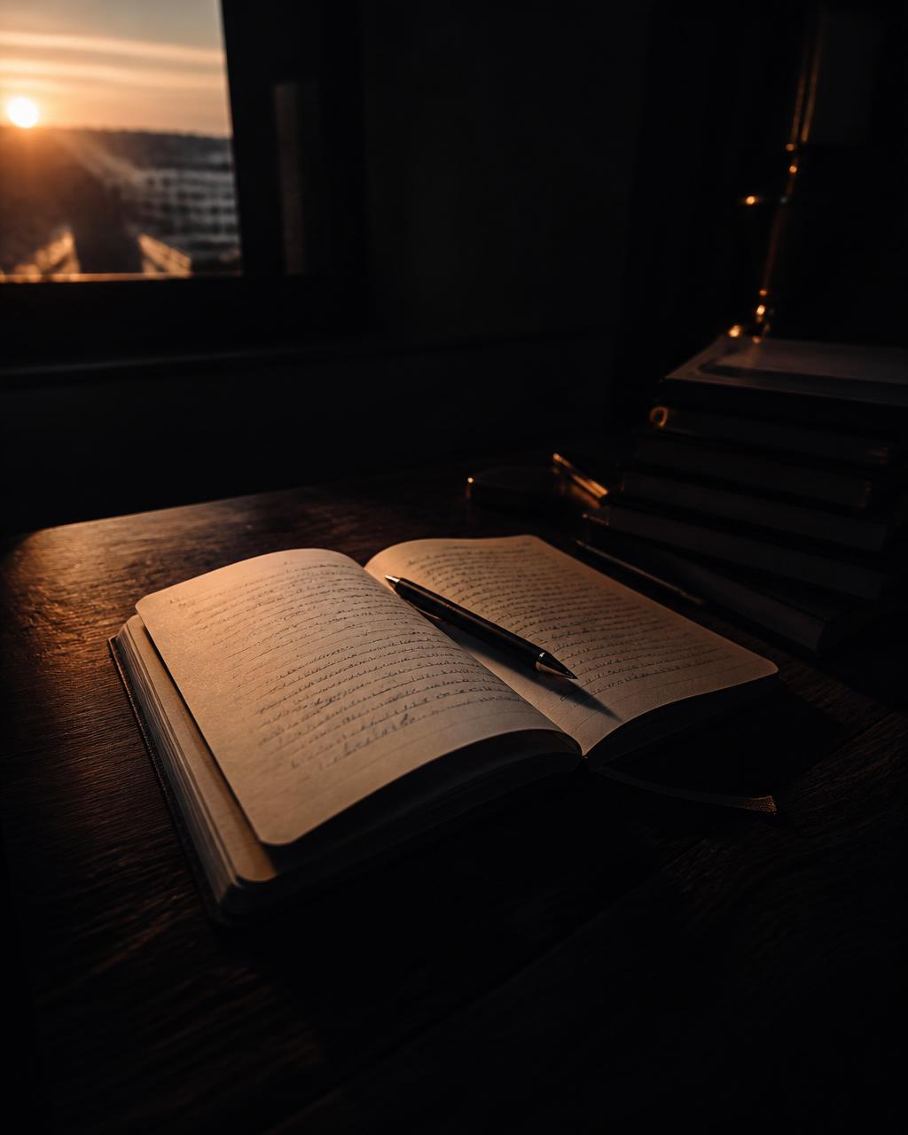 Open notebook and pen at dawn