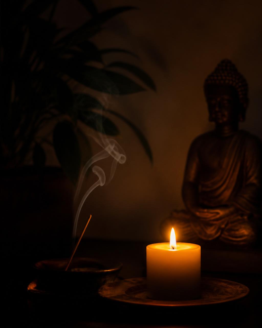 Candle and incense at dawn