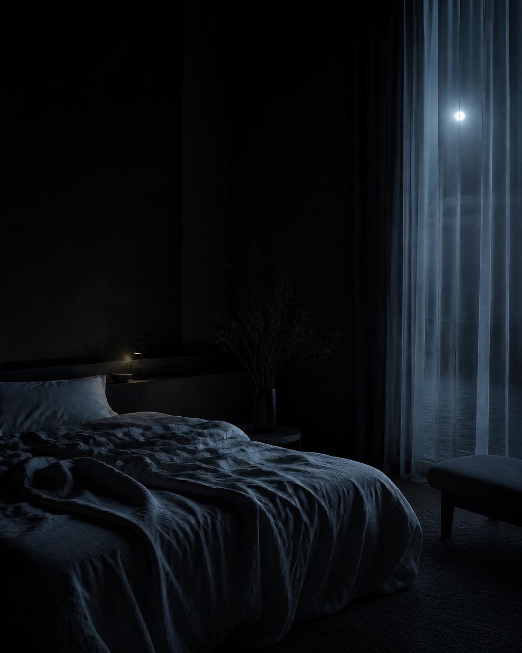 Moonlit bedroom at night