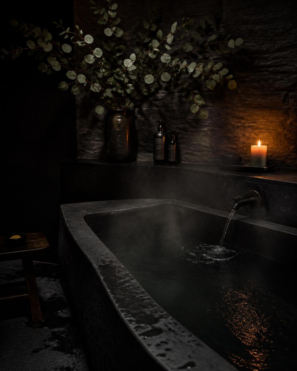 Sunlit stone bath with eucalyptus
