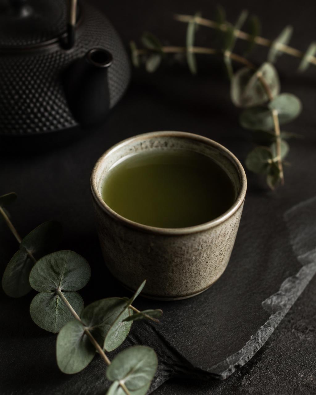 Green tea and eucalyptus on stone